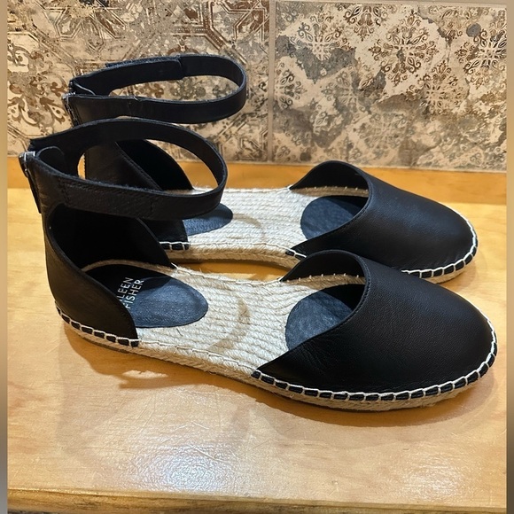 Eileen Fisher Shoes - Eileen Fisher LaLa Tumbled Leather Black Espadrille Shoes Sandals Womens 8 Beach
